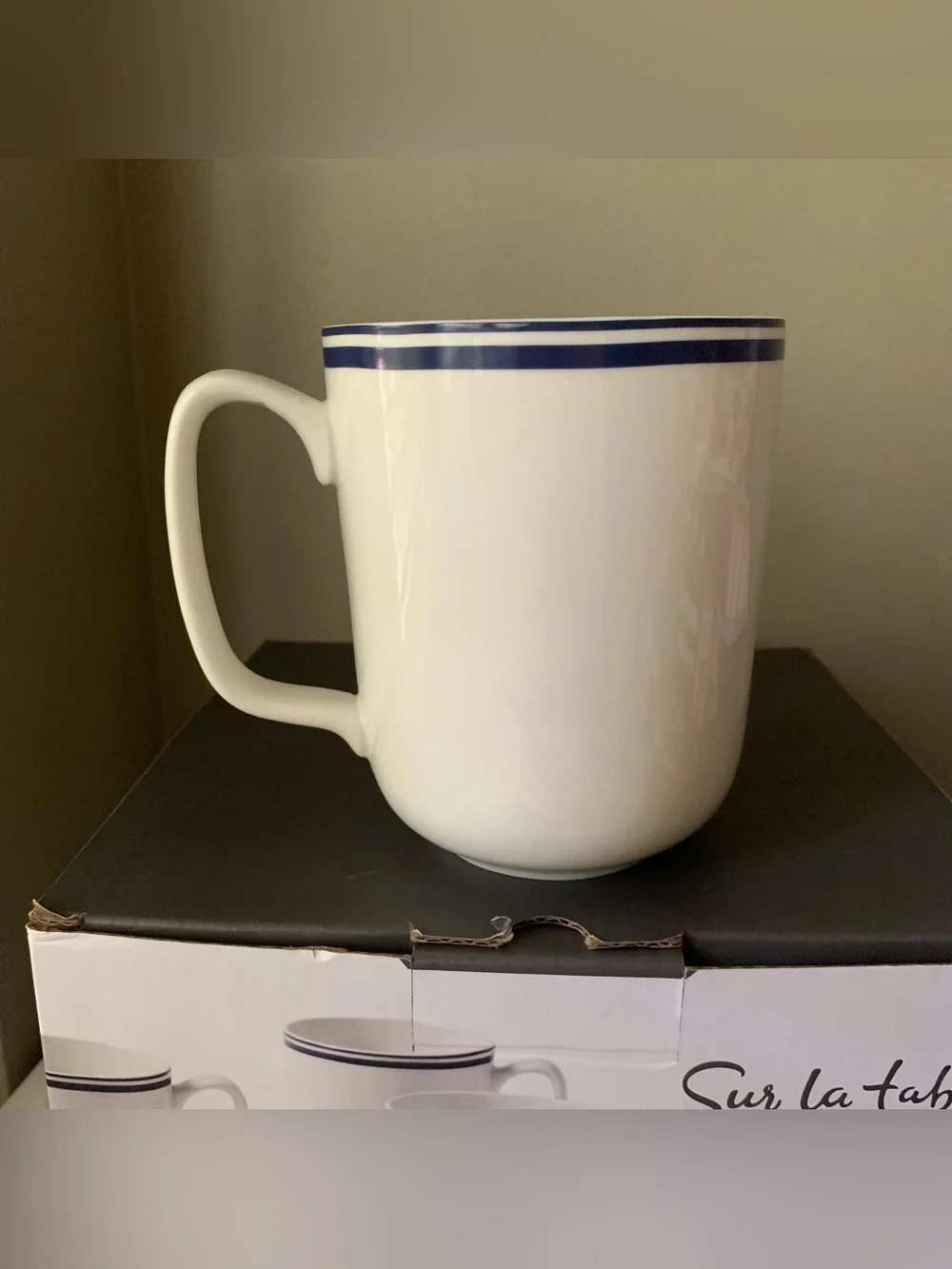 Sur La Table Blue Rim Bistro Style Fine Ceramic Cups/ Mugs Set of 4 - 14 Oz Each